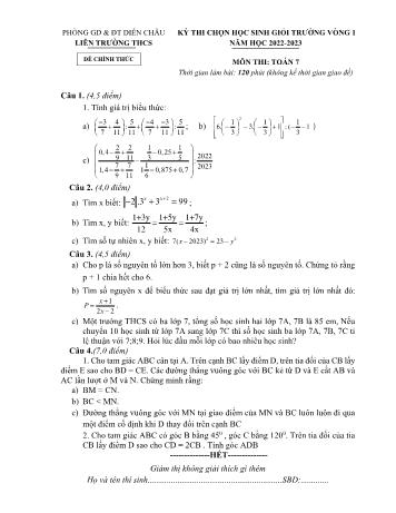 Đề thi chọn học sinh giỏi trường vòng 1 môn Toán Lớp 7 - Năm học 2022-2023 - Liên trường THCS Diễn Châu (Có đáp án)