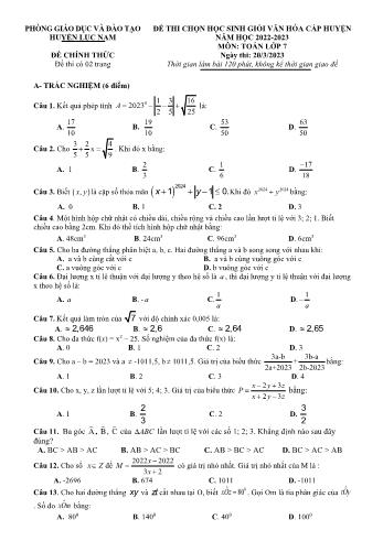 Đề thi chọn học sinh giỏi văn hóa cấp huyện môn Toán Lớp 7 - Năm học 2022-2023 - Phòng GD và ĐT Lục Nam (Có đáp án)