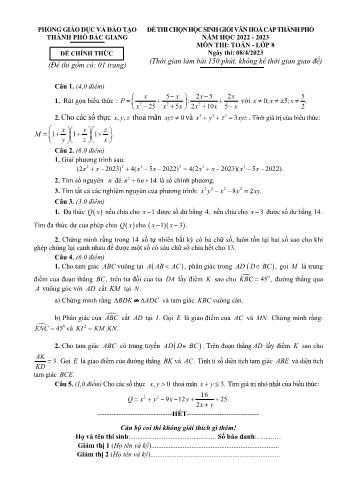 Đề thi chọn học sinh giỏi văn hoá cấp thành phố môn Toán Lớp 8 - Năm học 2022-2023 - Phòng GD và ĐT Thành phố Bắc Giang (Có đáp án)
