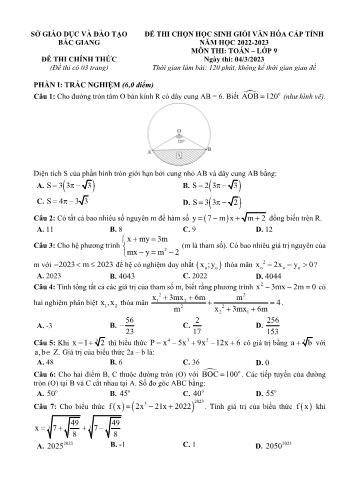 Đề thi chọn học sinh giỏi văn hóa cấp tỉnh môn Toán Lớp 9 - Năm học 2022-2023 - Sở GD và ĐT Bắc Giang
