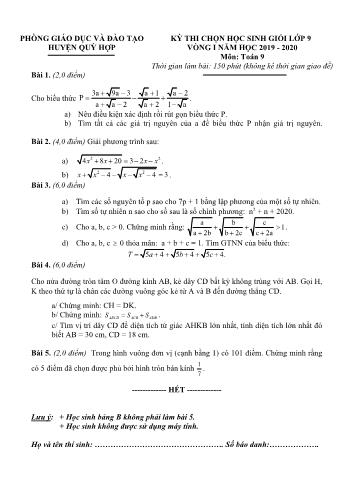 Đề thi chọn học sinh giỏi vòng 1 môn Toán Lớp 9 - Năm học 2019-2020 - Phòng GD và ĐT Quỳ Hợp