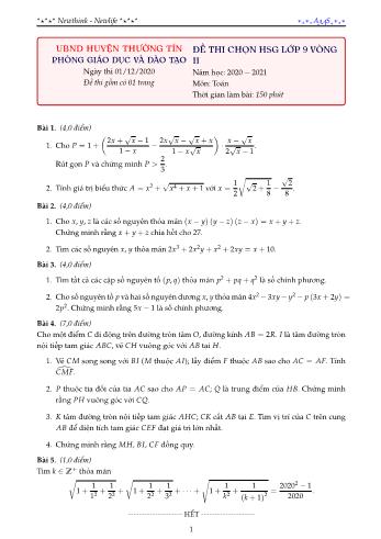 Đề thi chọn học sinh giỏi vòng 2 môn Toán Lớp 9 - Năm học 2020-2021 - Phòng GD và ĐT Thường Tín
