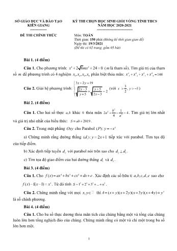 Đề thi chọn học sinh giỏi vòng tỉnh môn Toán Lớp 9 - Năm học 2020-2021 - Sở GD và ĐT Kiên Giang (Có đáp án)
