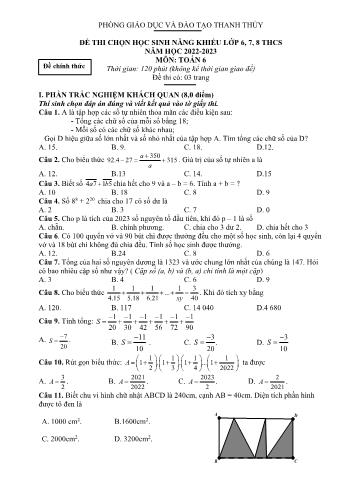 Đề thi chọn học sinh năng khiếu môn Toán Lớp 6 - Năm học 2022-2023 - Phòng GD và ĐT Thanh Thủy (Có đáp án)