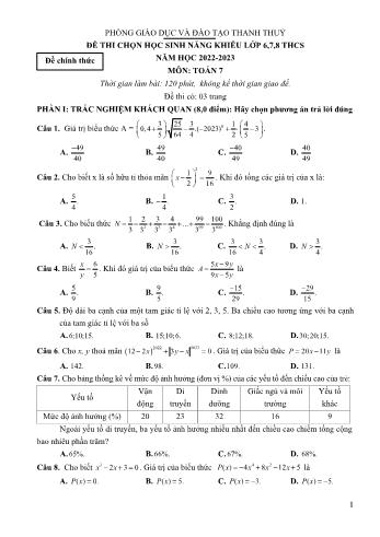 Đề thi chọn học sinh năng khiếu môn Toán Lớp 7 - Năm học 2022-2023 - Phòng GD và ĐT Thanh Thủy (Có đáp án)
