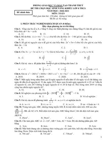 Đề thi chọn học sinh năng khiếu môn Toán Lớp 8 - Năm học 2020-2021 - Phòng GD và ĐT Thanh Thủy (Có đáp án)