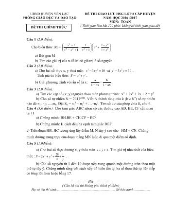Đề thi giao lưu học sinh giỏi cấp huyện môn Toán Lớp 8 - Năm học 2016-2017 - Phòng GD và ĐT Yên Lạc (Có đáp án)
