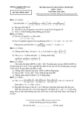 Đề thi giao lưu học sinh giỏi cấp huyện môn Toán Lớp 8 - Năm học 2018-2019 - Phòng GD và ĐT Yên Lạc
