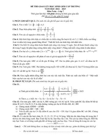 Đề thi giao lưu học sinh giỏi cấp trường môn Toán Lớp 7 - Năm học 2022-2023 - Phòng GD và ĐT Can Lộc (Có đáp án)