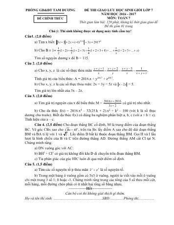 Đề thi giao lưu học sinh giỏi môn Toán Lớp 7 - Năm học 2016-2017 - Phòng GD và ĐT Tam Dương (Có đáp án)