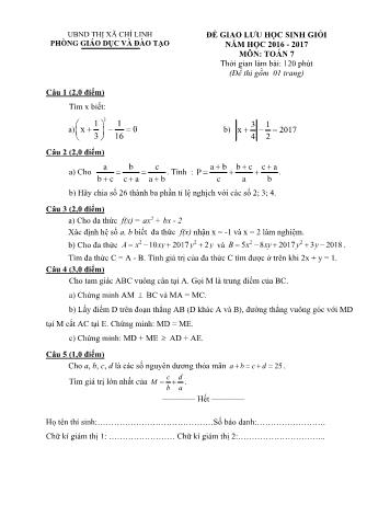 Đề thi giao lưu học sinh giỏi môn Toán Lớp 7 - Năm học 2016-2017 - Phòng GD và ĐT Thị xã Chí Linh (Có đáp án)