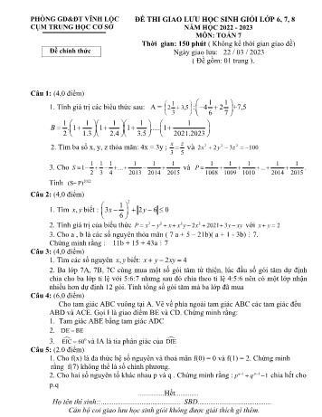 Đề thi giao lưu học sinh giỏi môn Toán Lớp 7 - Năm học 2022-2023 - Phòng GD và ĐT Vĩnh Lộc (Có đáp án)