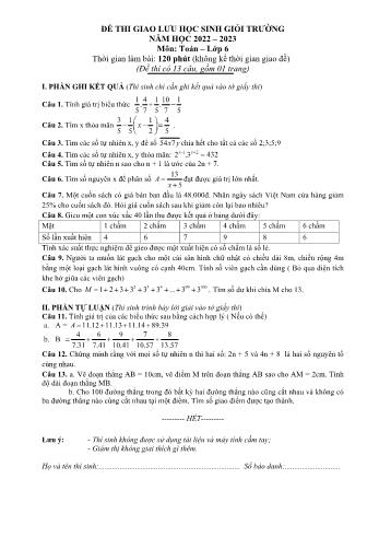 Đề thi giao lưu học sinh giỏi trường môn Toán Lớp 6 - Năm học 2022-2023 - Phòng GD và ĐT Can Lộc (Có đáp án)
