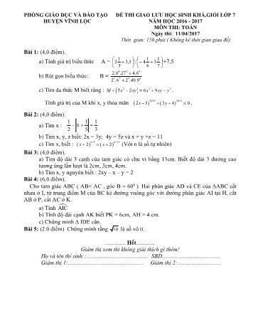 Đề thi giao lưu học sinh khá, giỏi môn Toán Lớp 7 - Năm học 2016-2017 - Phòng GD và ĐT Vĩnh Lộc (Có đáp án)