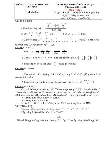Đề thi học sinh giỏi cấp cụm môn Toán Lớp 7 - Năm học 2020-2021 - Phòng GD và ĐT Yên Định (Có đáp án)