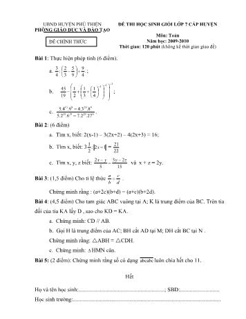 Đề thi học sinh giỏi cấp huyện môn Toán Lớp 7 - Năm học 2009-2010 - Phòng GD và ĐT Phú Thiện (Có đáp án)