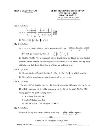 Đề thi học sinh giỏi cấp huyện môn Toán Lớp 7 - Năm học 2014-2015 - Phòng GD và ĐT Yên Lập (Có đáp án)