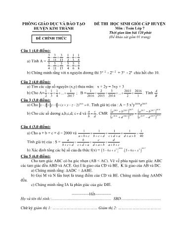 Đề thi học sinh giỏi cấp huyện môn Toán Lớp 7 - Năm học 2016-2017 - Phòng GD và ĐT Kim Thành (Có đáp án)