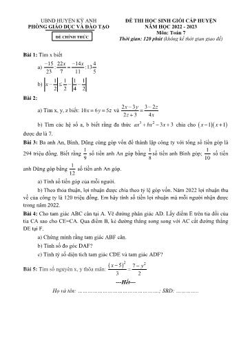 Đề thi học sinh giỏi cấp huyện môn Toán Lớp 7 - Năm học 2022-2023 - Phòng GD và ĐT Kỳ Anh (Có đáp án)