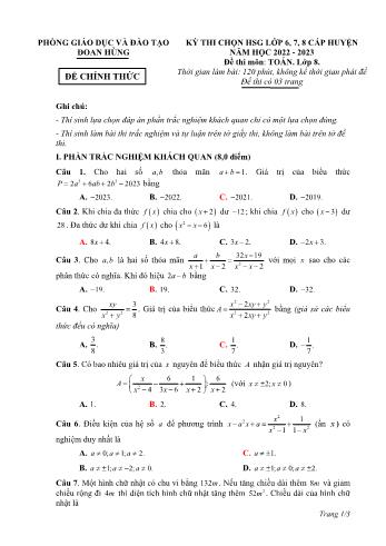 Đề thi học sinh giỏi cấp huyện môn Toán Lớp 8 - Năm học 2022-2023 - Phòng GD và ĐT Đoan Hùng (Có đáp án)