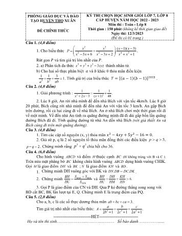 Đề thi học sinh giỏi cấp huyện môn Toán Lớp 8 - Năm học 2022-2023 - Phòng GD và ĐT Thọ Xuân (Có đáp án)