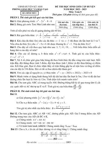 Đề thi học sinh giỏi cấp huyện môn Toán Lớp 8 - Năm học 2022-2023 - Phòng GD và ĐT Kỳ Anh (Có đáp án)
