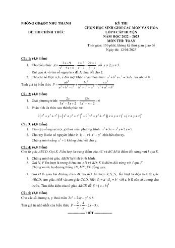 Đề thi học sinh giỏi cấp huyện môn Toán Lớp 8 - Năm học 2022-2023 - Phòng GD và ĐT Như Thanh (Có đáp án)