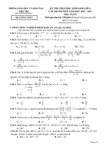 Đề thi học sinh giỏi cấp Thành phố môn Toán Lớp 8 - Năm học 2022-2023 - Phòng GD và ĐT Việt Trì (Có đáp án)