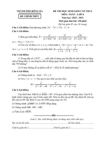 Đề thi học sinh giỏi cấp THCS môn Toán Lớp 8 - Năm học 2022-2023 - Phòng GD và ĐT Thành phố Đông Hà (Có đáp án)