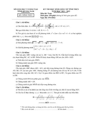 Đề thi học sinh giỏi cấp tỉnh môn Toán Lớp 9 - Năm học 2021-2022 - Sở GD và ĐT Quảng Nam (Có đáp án)