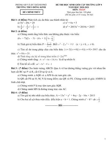 Đề thi học sinh giỏi cấp trường môn Toán Lớp 8 - Năm học 2020-2021 - Trường THCS Đông Kinh (Có đáp án)