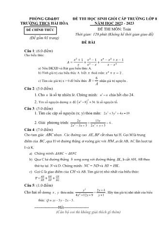 Đề thi học sinh giỏi cấp trường môn Toán Lớp 8 - Năm học 2022-2023 - Trường THCS Hải Hòa (Có đáp án)