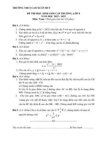 Đề thi học sinh giỏi cấp trường môn Toán Lớp 8 - Năm học 2022-2023 - Trường THCS Cao Xuân Huy