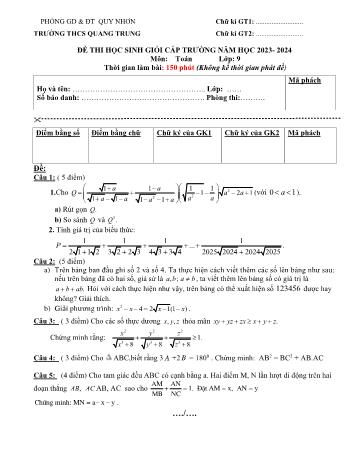 Đề thi học sinh giỏi cấp trường môn Toán Lớp 9 - Năm học 2023-2024 - Trường THCS Quang Trung (Có đáp án)