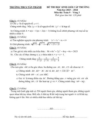 Đề thi học sinh giỏi cấp trường môn Toán Lớp 9 - Vòng 3 - Năm học 2023-2024 - Trường THCS Tân Thành (Có đáp án)