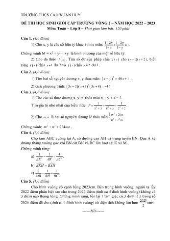 Đề thi học sinh giỏi cấp trường vòng 2 môn Toán Lớp 8 - Năm học 2022-2023 - Trường THCS Cao Xuân Huy (Có đáp án)