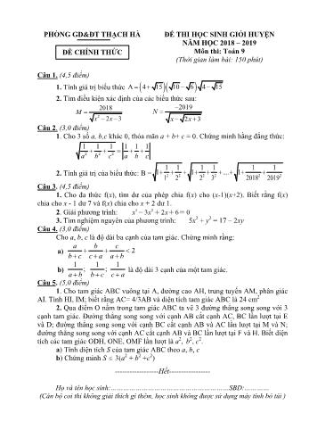 Đề thi học sinh giỏi huyện môn Toán Lớp 9 - Năm học 2018-2019 - Phòng GD và ĐT Thạch Hà (Có đáp án)