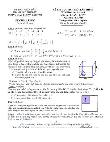 Đề thi học sinh giỏi lần 2 môn Toán Lớp 7 - Năm học 2022-2023 - Phòng GD và ĐT Thành phố Thủ Đức (Có đáp án)