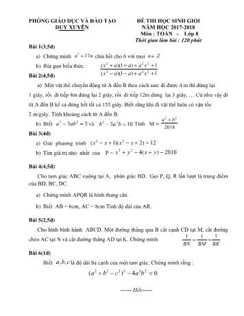 Đề thi học sinh giỏi môn Toán Lớp 8 - Năm học 2017-2018 - Phòng GD và ĐT Duy Xuyên (Có đáp án)