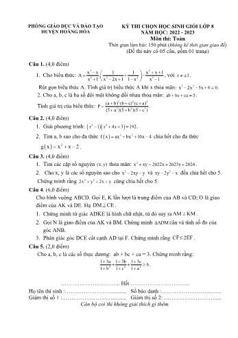 Đề thi học sinh giỏi môn Toán Lớp 8 - Năm học 2022-2023 - Phòng GD và ĐT Hoằng Hóa (Có đáp án)