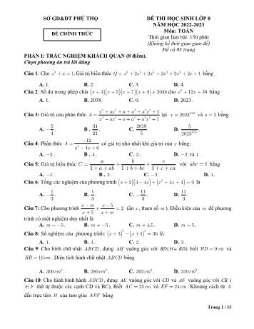 Đề thi học sinh giỏi môn Toán Lớp 8 - Năm học 2022-2023 - Sở GD và ĐT Phú Thọ (Có đáp án)