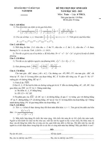 Đề thi học sinh giỏi môn Toán Lớp 8 - Năm học 2022-2023 - Sở GD và ĐT Nam Định (Có đáp án)