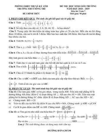 Đề thi học sinh giỏi trường môn Toán Lớp 7 - Năm học 2018-2019 - Trường THCS Sông Trí (Có đáp án)
