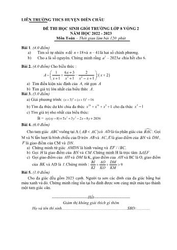 Đề thi học sinh giỏi trường vòng 2 môn Toán Lớp 8 - Năm học 2022-2023 - Liên trường THCS huyện Diễn Châu (Có đáp án)
