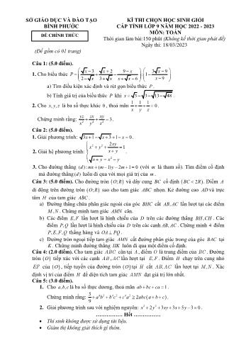 Đề thi học sinh giỏi văn hóa cấp tỉnh môn Toán Lớp 9 - Năm học 2022-2023 - Sở GD và ĐT Bình Phước (Có đáp án)