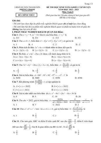 Đề thi học sinh năng khiếu cấp huyện môn Toán Lớp 8 - Năm học 2022-2023 - Phòng GD và ĐT Thanh Sơn (Có đáp án)