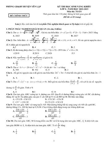 Đề thi học sinh năng khiếu môn Toán Lớp 8 - Năm học 2022-2023 - Phòng GD và ĐT Yên Lập