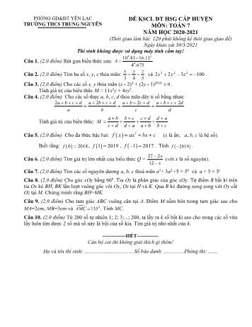 Đề thi khảo sát chất lượng đội tuyển học sinh giỏi cấp huyện môn Toán Lớp 7 - Năm học 2020-2021 - Trường THCS Trung Nguyên (Có đáp án)