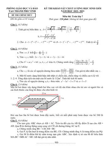 Đề thi khảo sát chất lượng học sinh giỏi môn Toán Lớp 7 - Năm học 2022-2023 - Phòng GD và ĐT Thành phố Vinh (Có đáp án)
