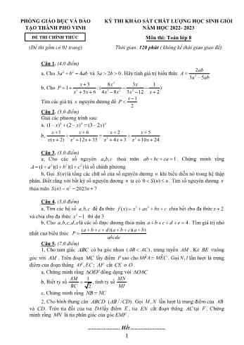 Đề thi khảo sát chất lượng học sinh giỏi môn Toán Lớp 8 - Năm học 2022-2023 - Phòng GD và ĐT Thành phố Vinh (Có đáp án)